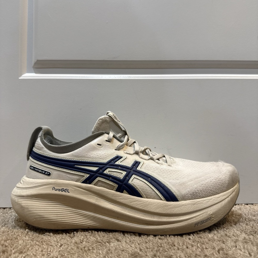 ASICS GEL-Nimbus 27 Mens Size 9 White Navy Running Shoes 1011C028 Sneakers